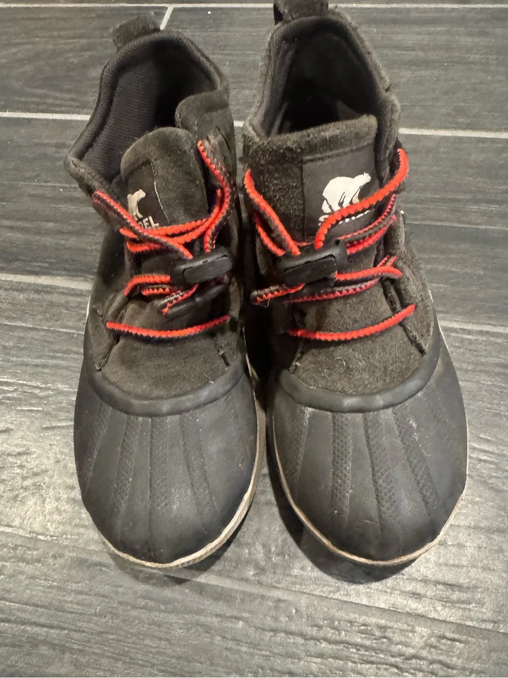 Sorel Black/Dark Gray Kids Boots with Red Laces